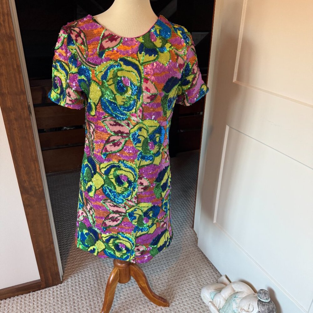 Isaac Mizrahi Sequin Floral Short Sleeve Mini Dress | Multi - Picture 6 of 8